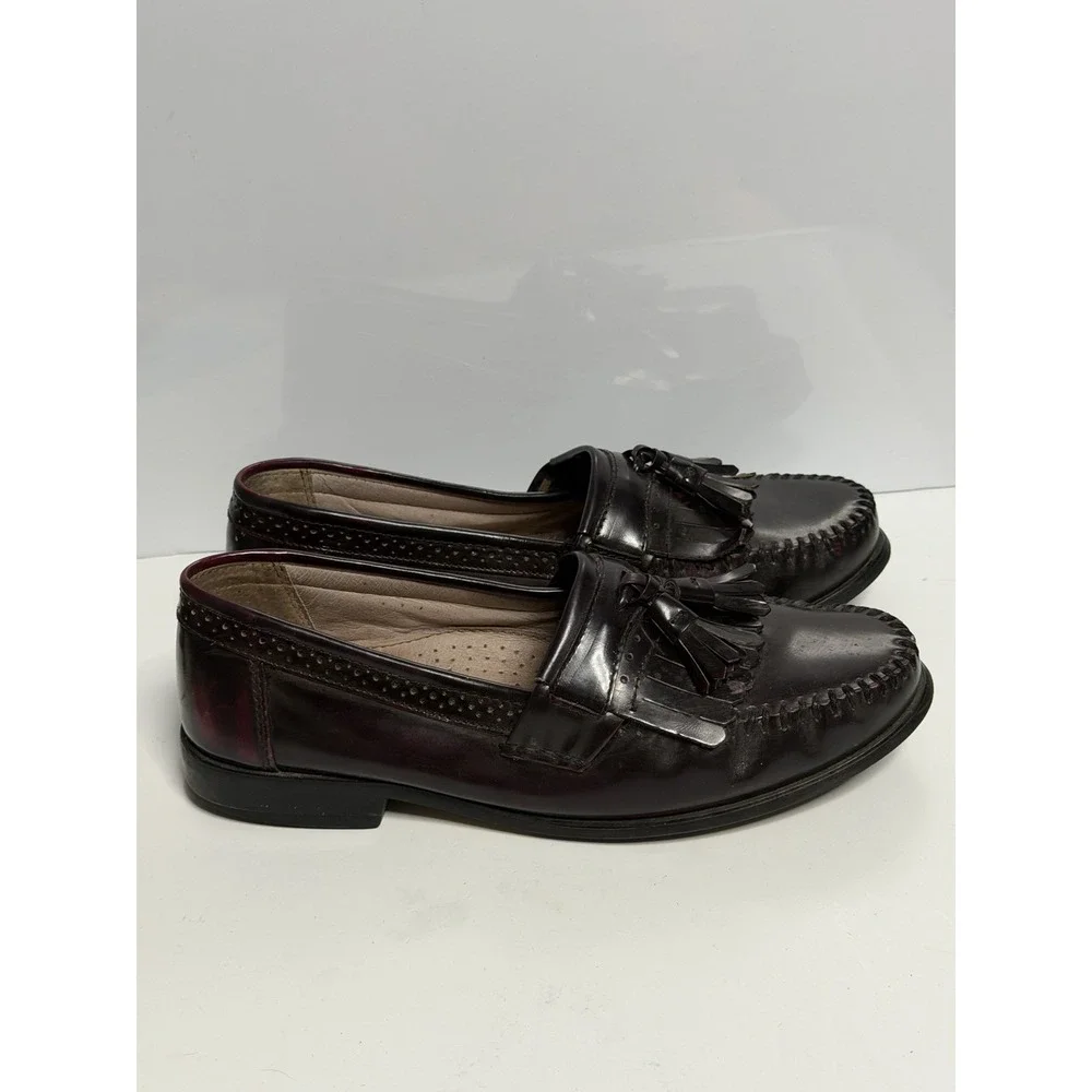 BASS Men's Loafers US Size 9W Black 100% Leather Tassel Slip-On Burgundy C-4
